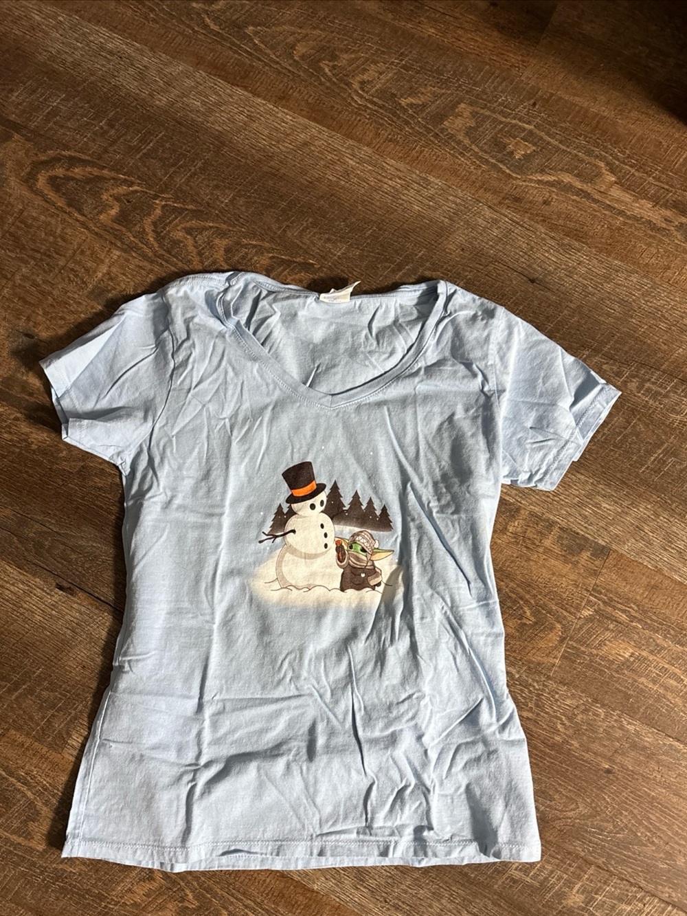 Port & Company Grogu Building Snowman Powder Blue Tee Size M EUC